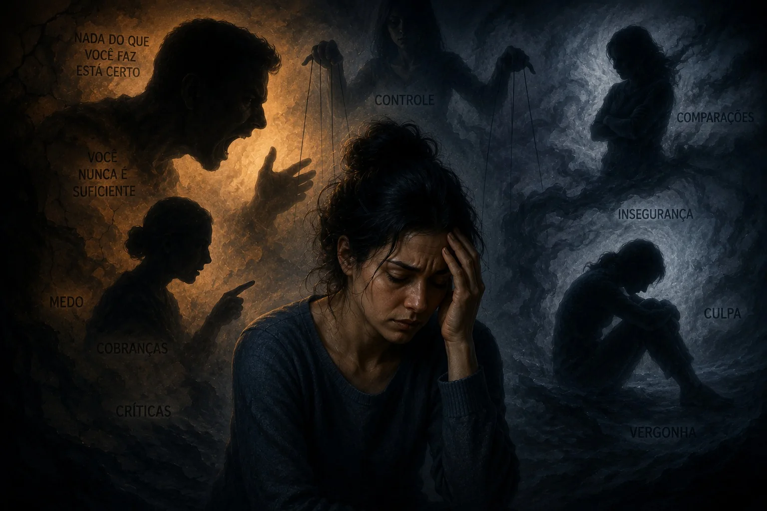Mulher cercada por críticas, cobranças, culpa e insegurança