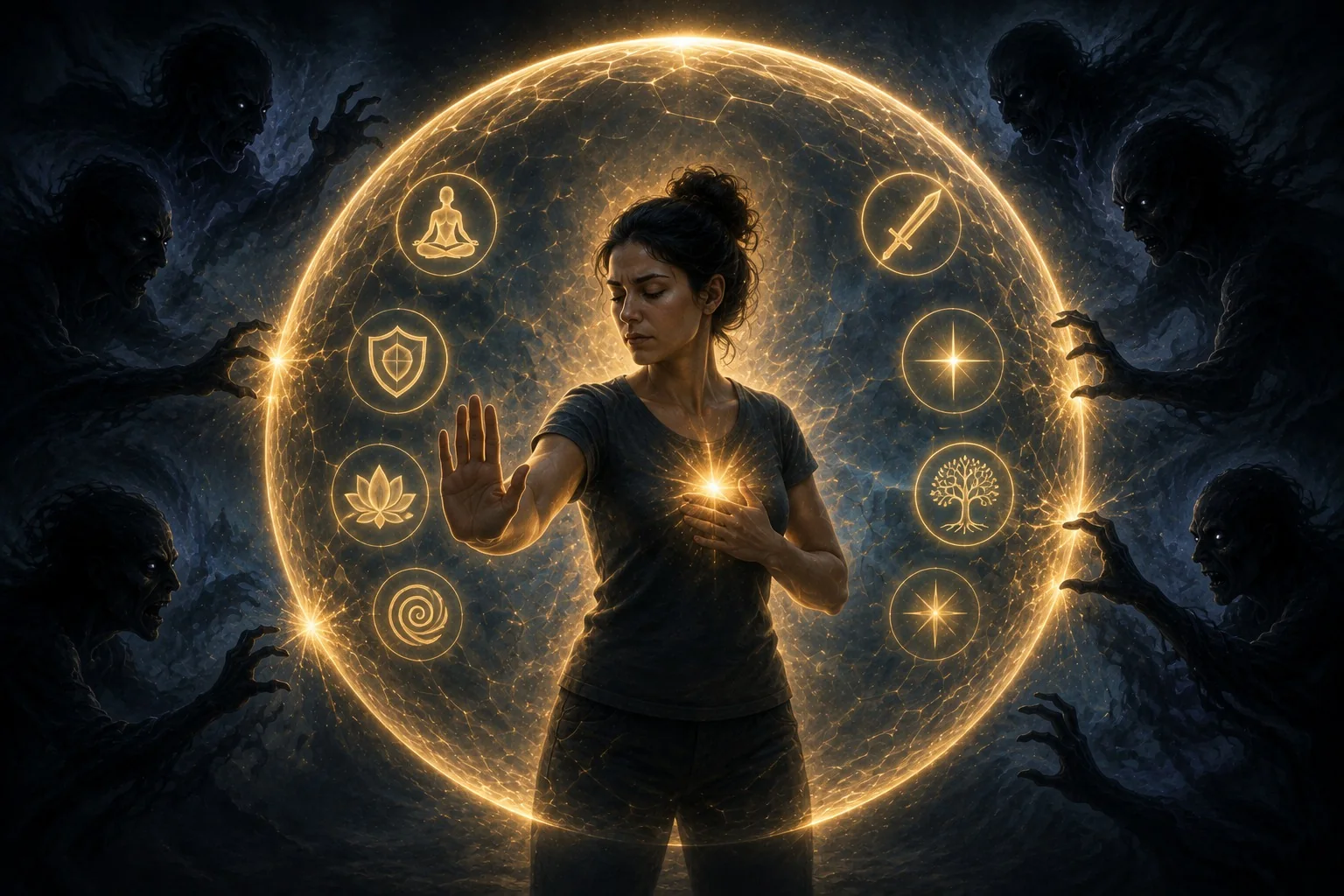 Mulher protegida dentro de uma esfera dourada